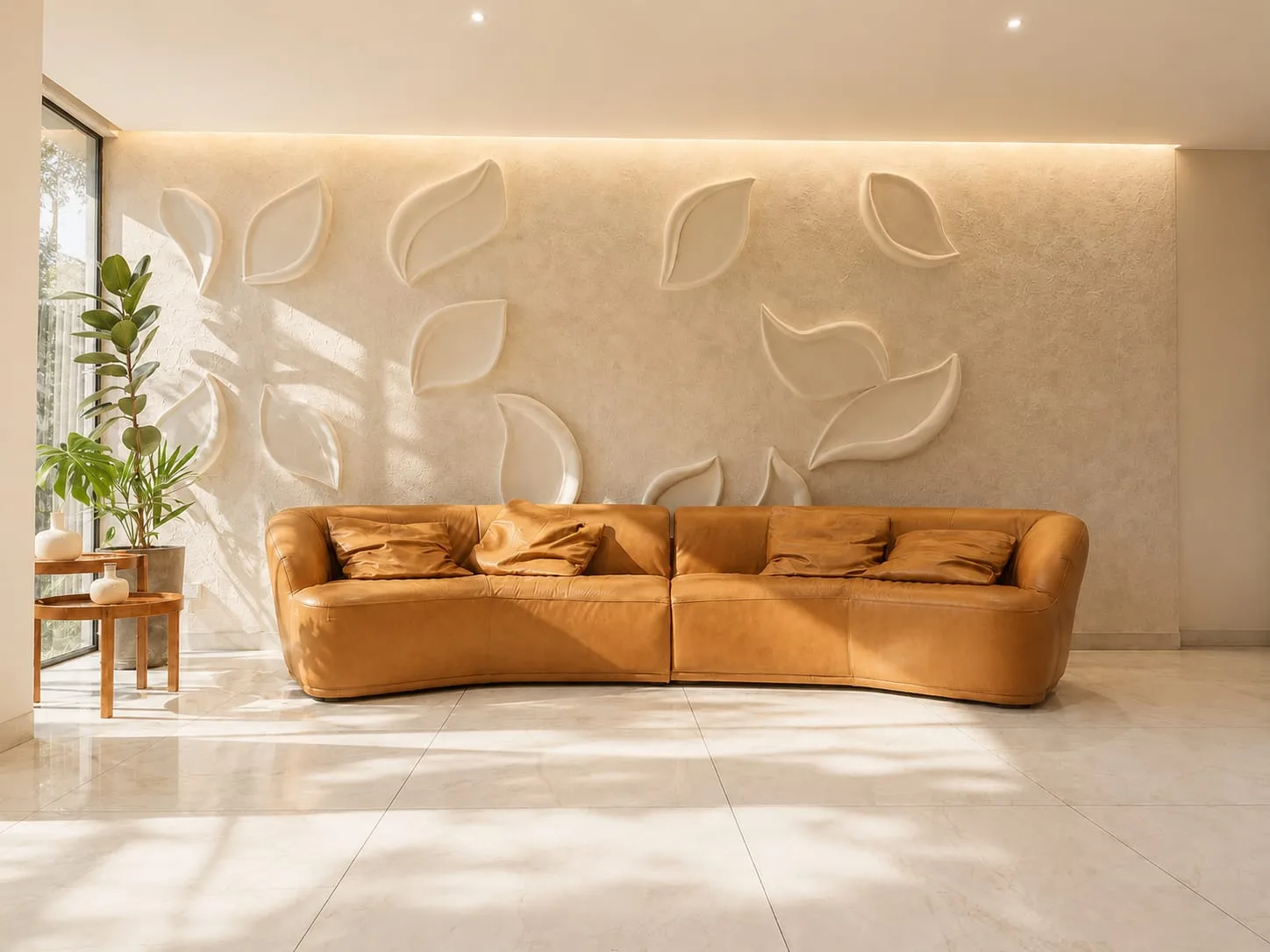 Lobby de Condado VI con mural de hojas y luz natural