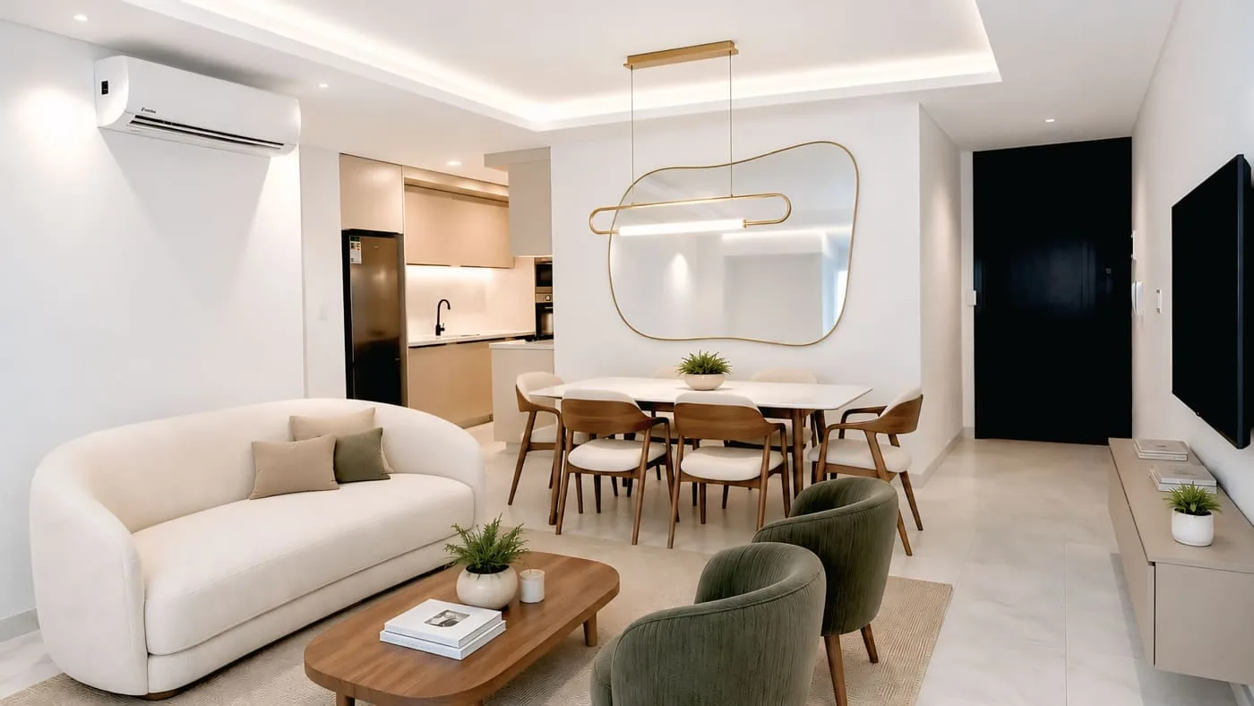 Render referencial: living-comedor amoblado
