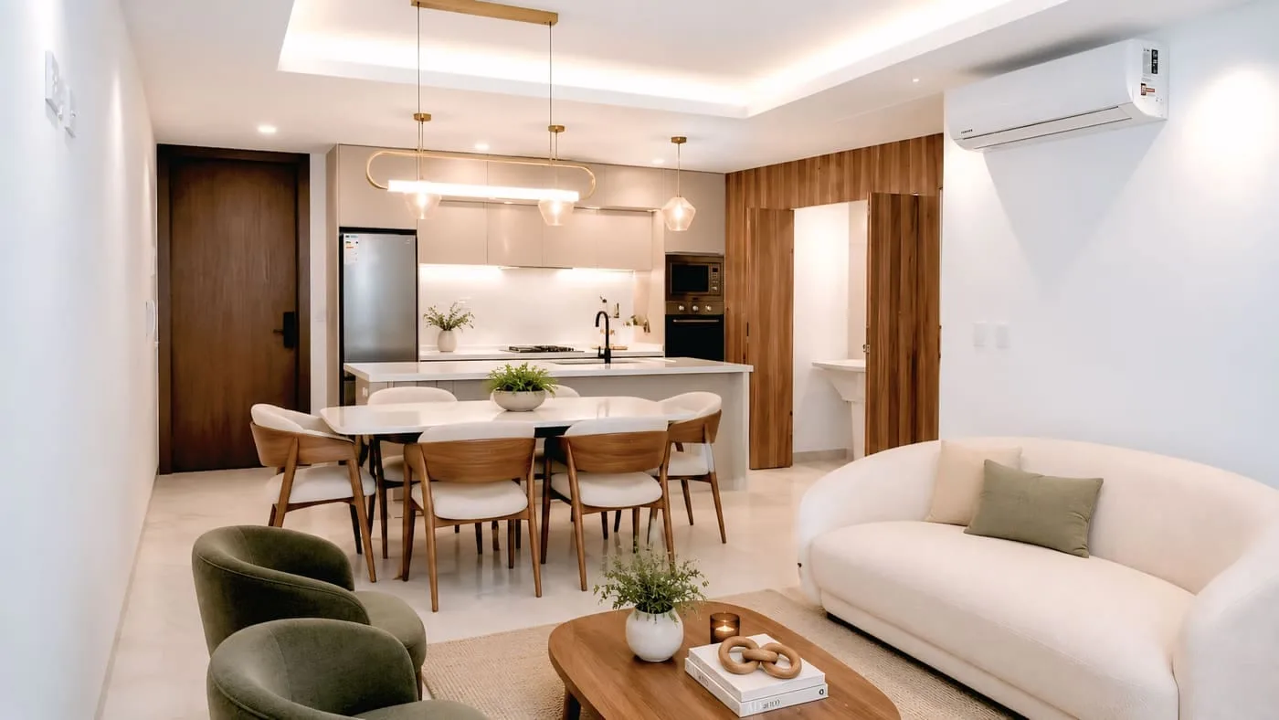 Render referencial: ambiente integrado salón cocina comedor