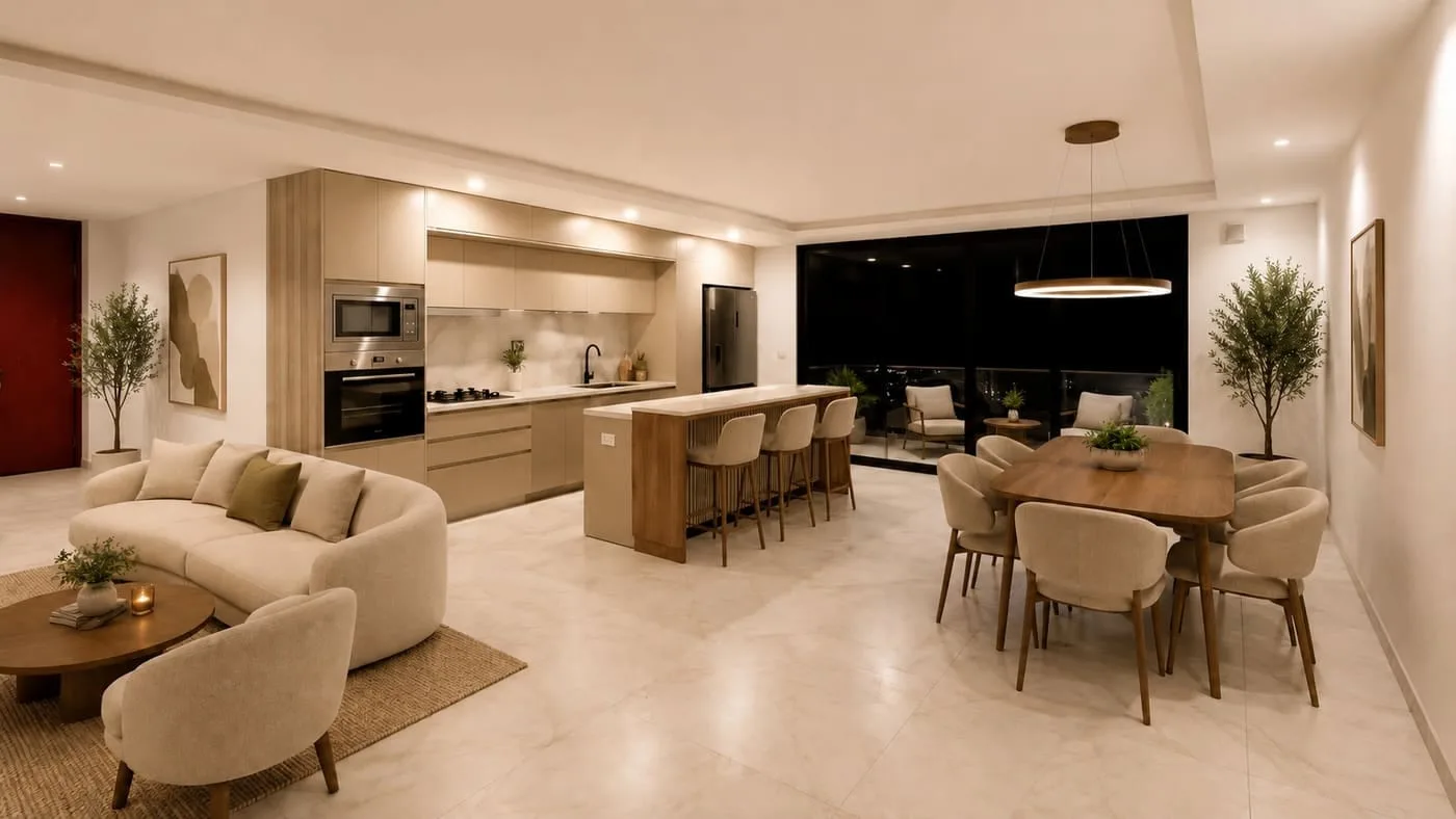 Render referencial: ambiente integrado de noche