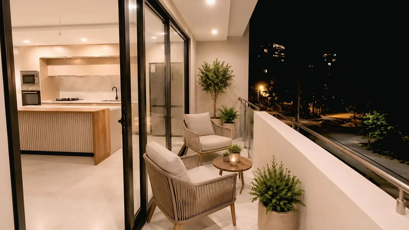 Render referencial: balcón con vista nocturna